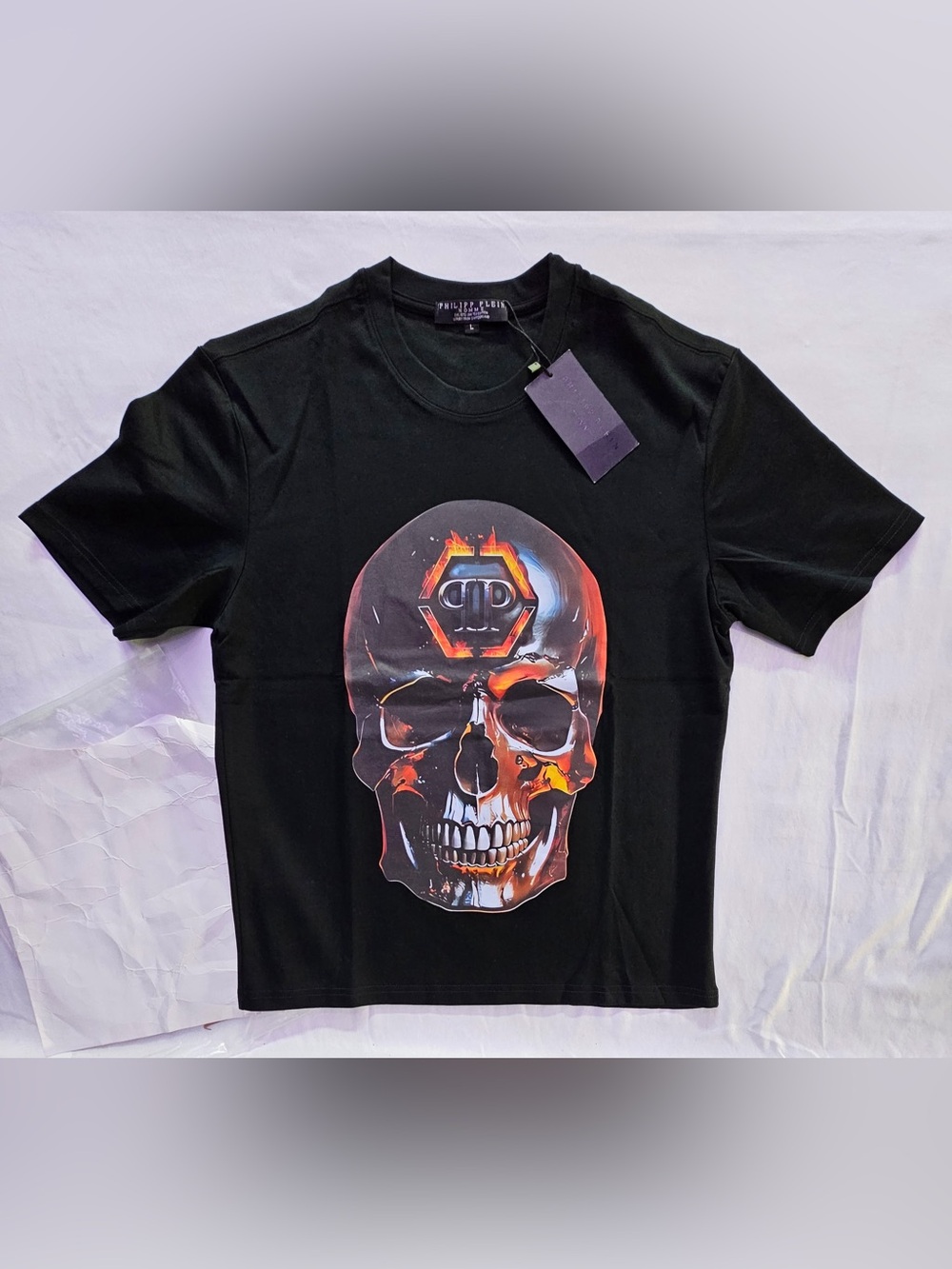 Philipp Plein Black Short Sleeve Tee with Fiery Skull